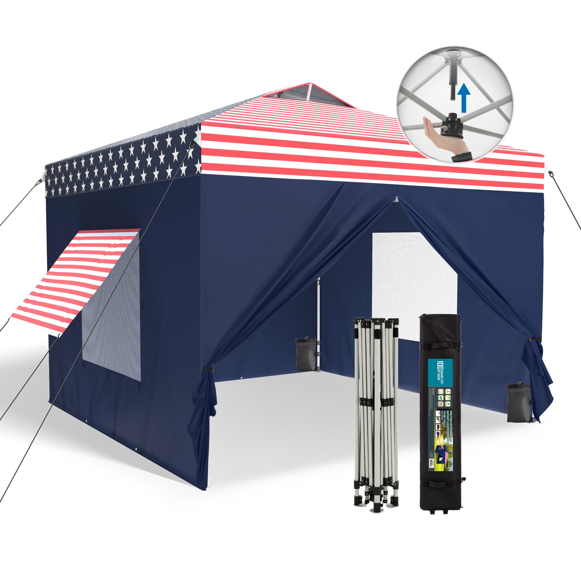 Alpha Joy 10'x 10' Instant Canopy Outdoor Ez Up Outdoor Canopy Shelter Tent with 4 Side Walls, Flag